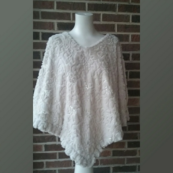 Faux Fur Sequined Light Weight Cream Poncho - Picture 1 of 4